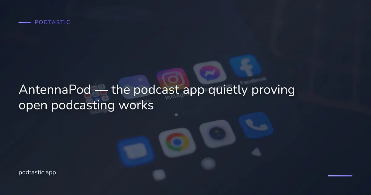 An Android phone showing the AntennaPod podcast app open on a podcast subscription list