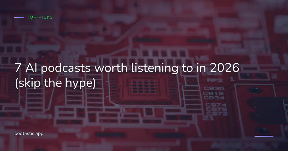 Podtastic app on a phone showing an AI podcast episode with smart topics for a technology discussion
