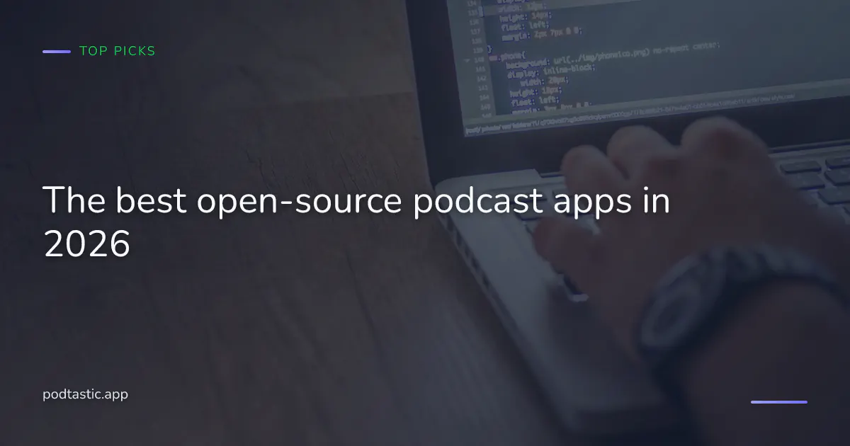 Programmer at a laptop reviewing open-source podcast app code on screen