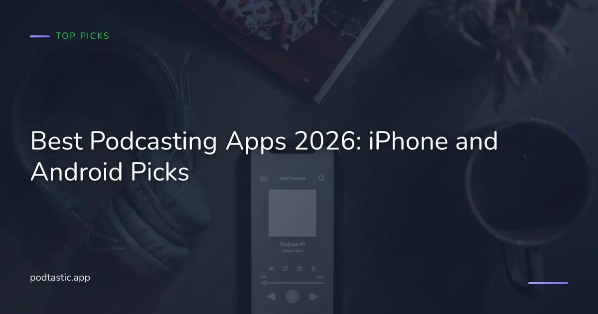 A smartphone showing a podcast app on a wooden desk with wireless headphones.