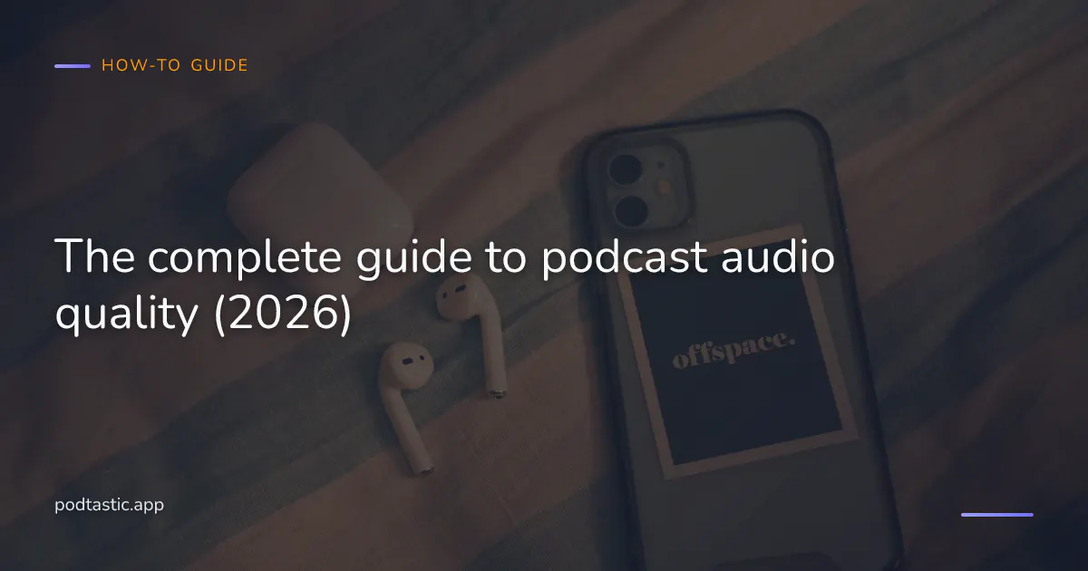 A phone playing a podcast with a pair of high-quality earbuds resting on top, showing the audio waveform