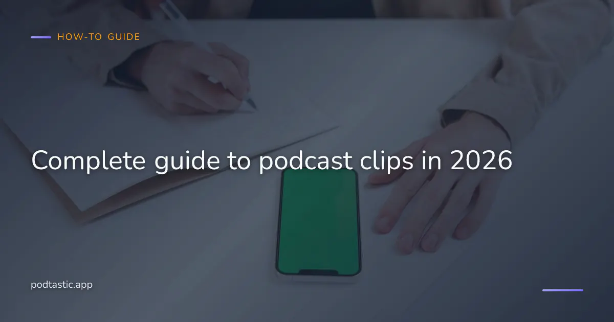 Person in a home study reviewing podcast highlight cards on a phone alongside a notebook