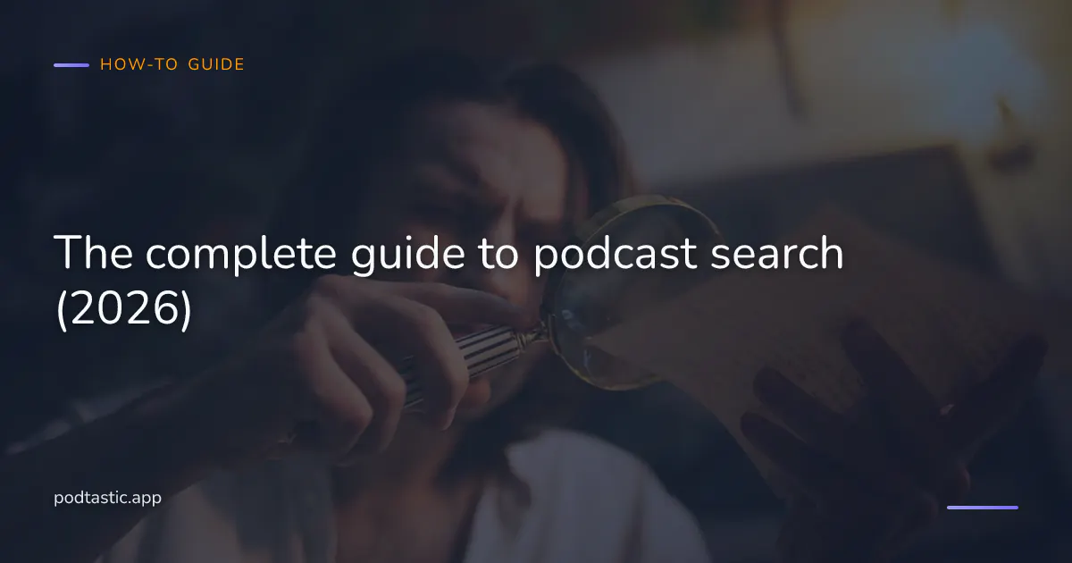 A phone screen showing a podcast search interface finding a specific episode topic across multiple shows