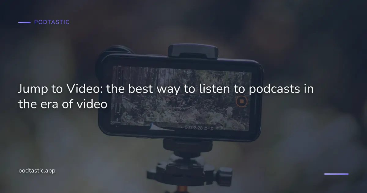 A phone playing a podcast in audio mode with a small video window showing the host holding something up to the camera