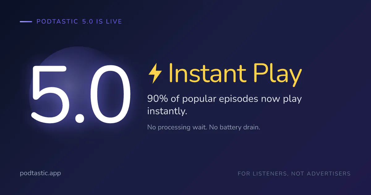 Podtastic 5.0 — Instant Play. 90% of popular podcast episodes now play instantly with Smart Skip, Smart Topics, and Smart Summaries ready from the first tap