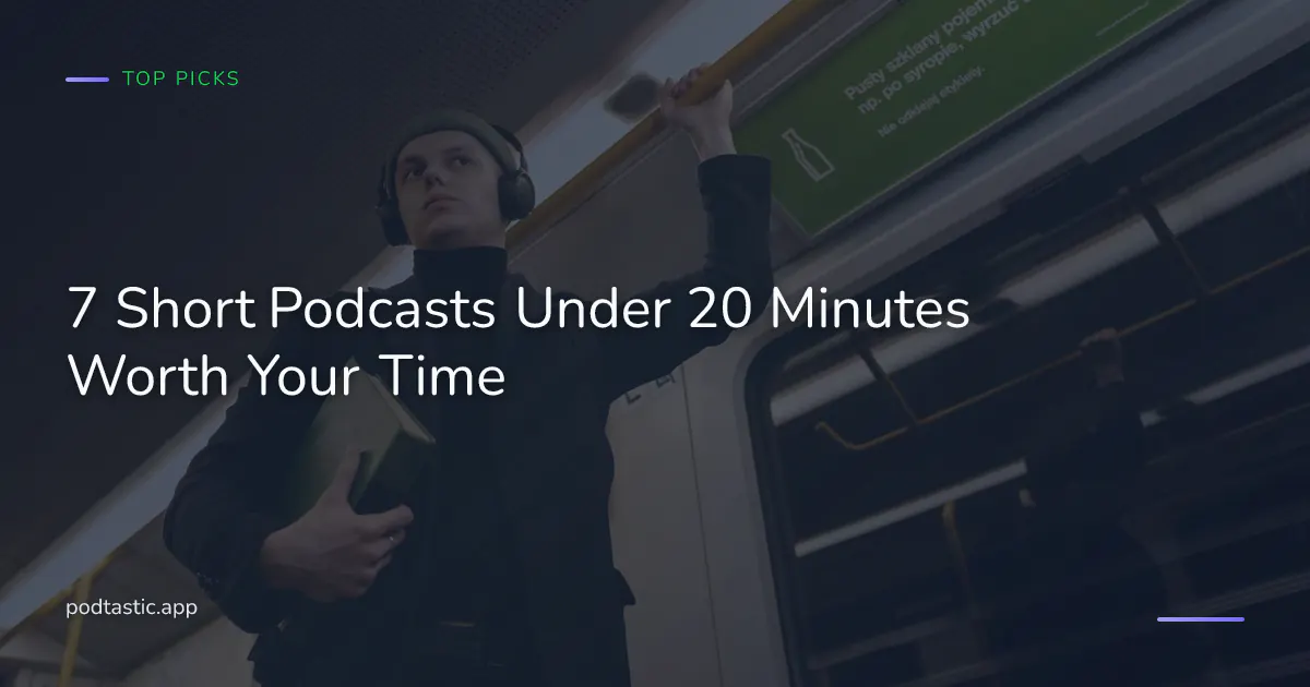 Illustration of a phone showing a queue of short podcast episodes each under twenty minutes