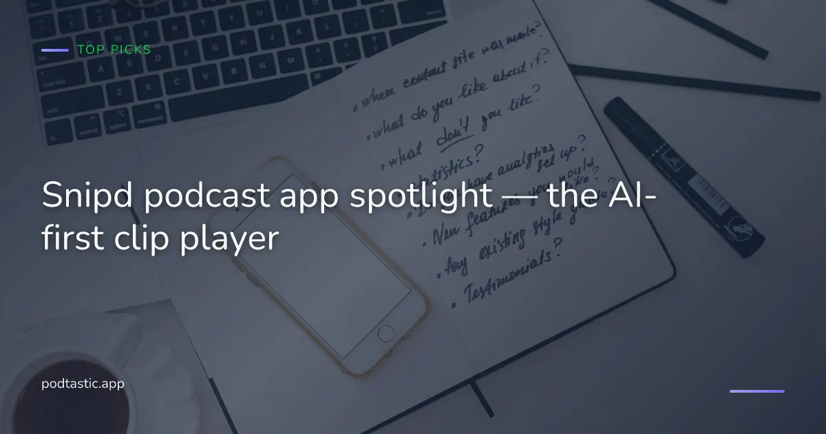 Smartphone displaying podcast highlight cards on a wooden desk with morning coffee