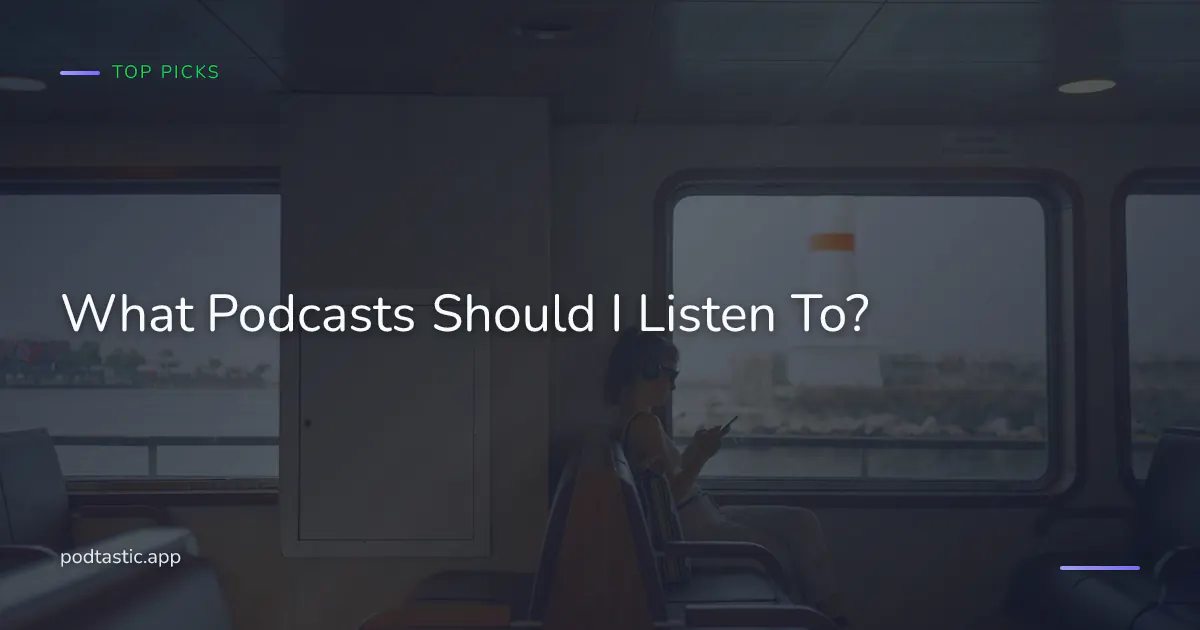A person wearing headphones by a bright window, browsing a podcast library on a phone.