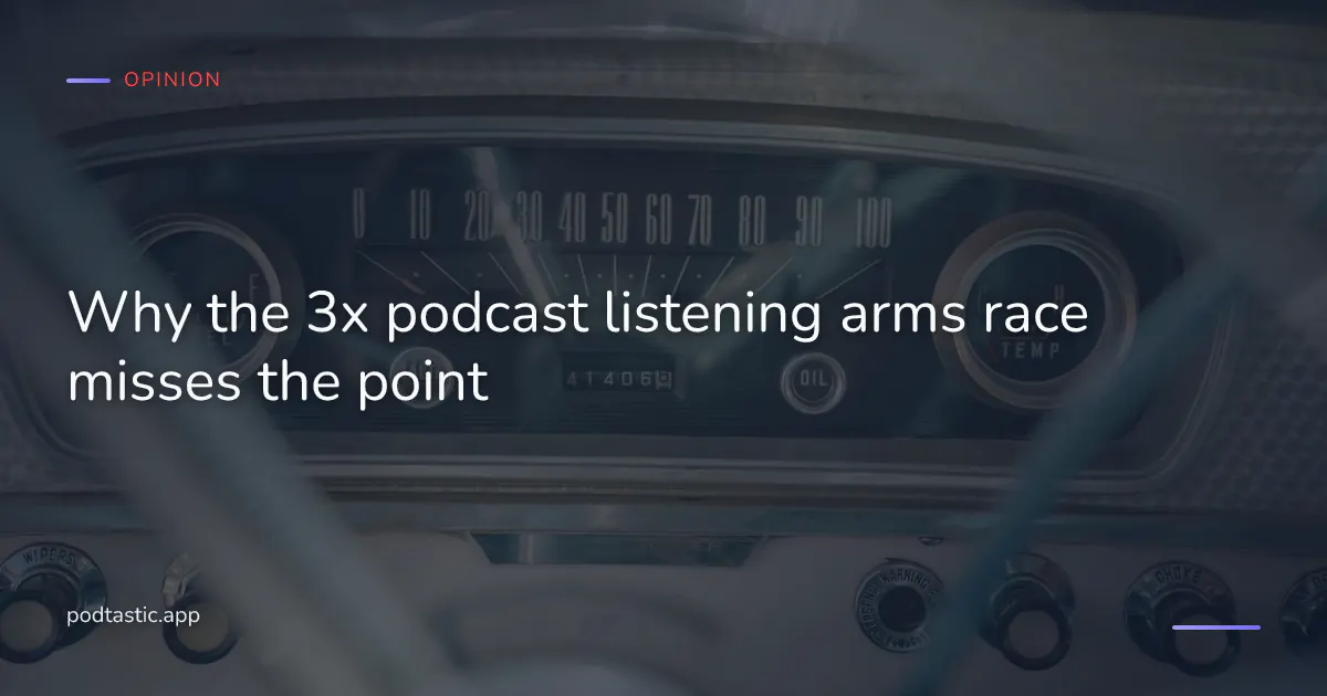 A phone showing a podcast playback speed control set to 3x, with the audio waveform compressed